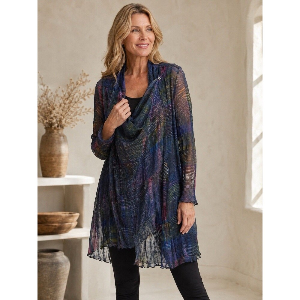 Liv by Habitat Mia Cardigan Multicolor Crinkle Sheer Mesh Draped Open Front M